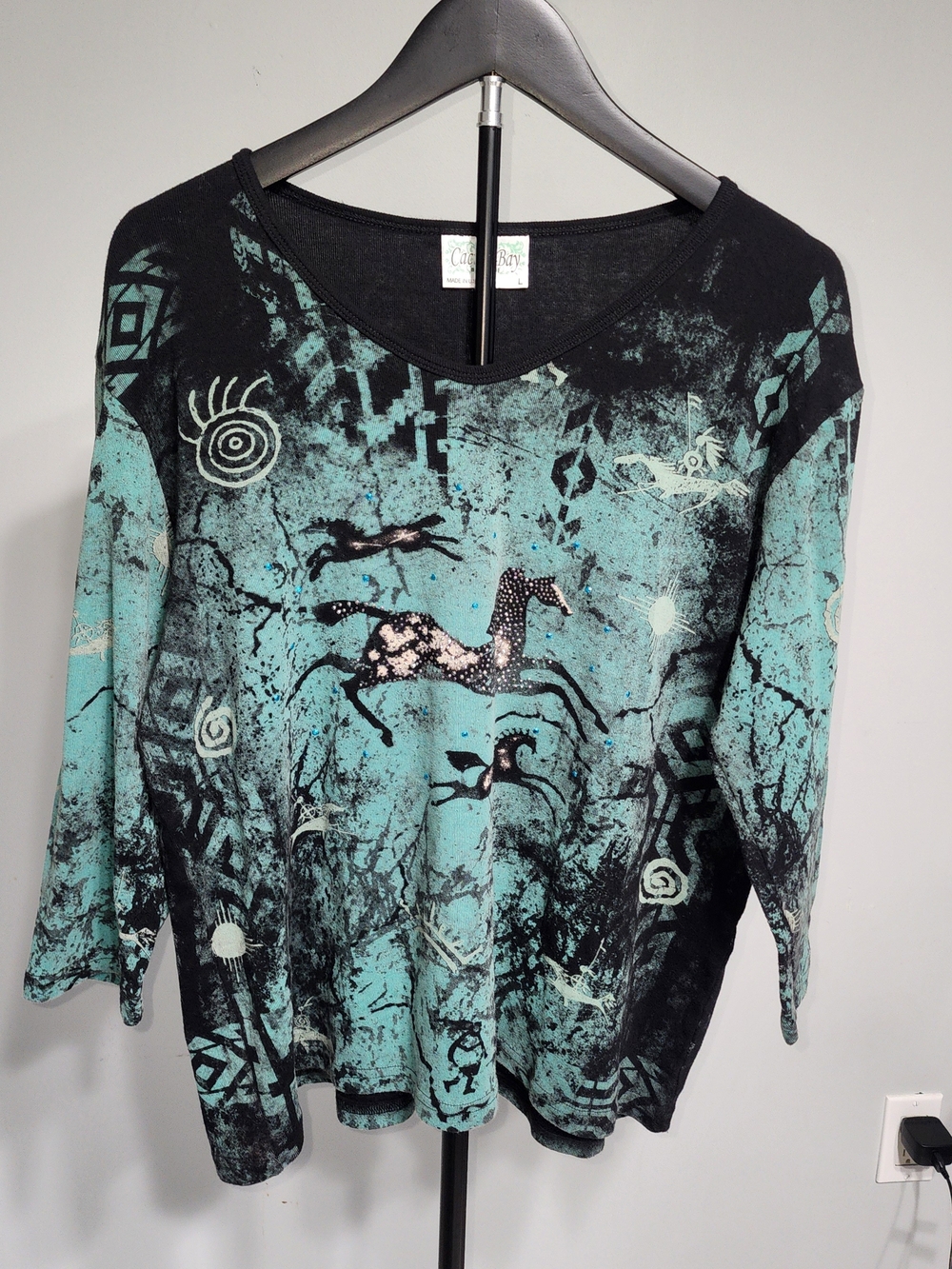 Women's Large Southwestern Horse Graphic Top Teal Black Rhinestone V-Neck SZ L